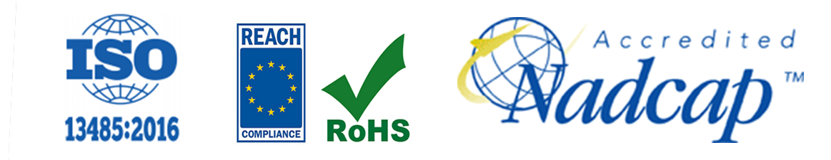 ISO 13485:2016, RoHS, and Nadcap certification logos.