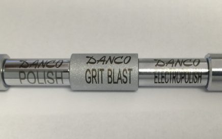 Examples of Low Friction Chrome finishing from Danco Medical. Shows Bead Blast, Polish Grit Blast, Electropolish, and Satin Finish.