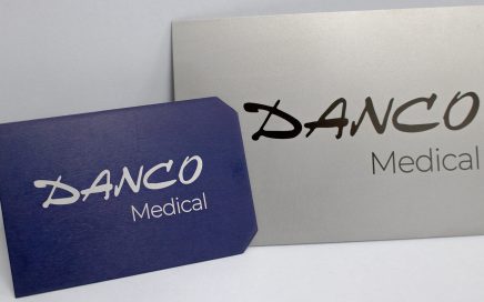 Silver on blue and black on silver laser etching by Danco Medical.